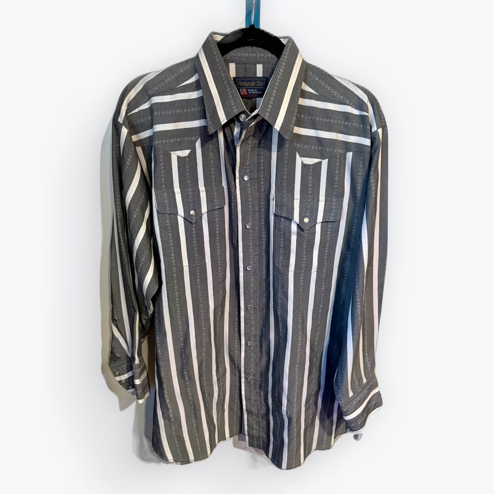 Vintage Panhandle Slim Grey and White Striped Button Down Shirt